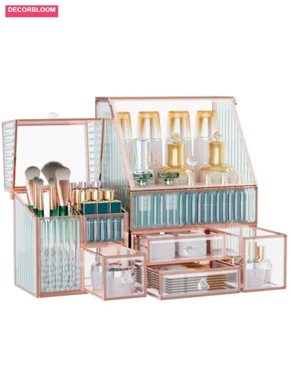 Glass Makeup Organizer - 3-in-1 Cosmetic Organizer - Vanity & Bathroom Organizer